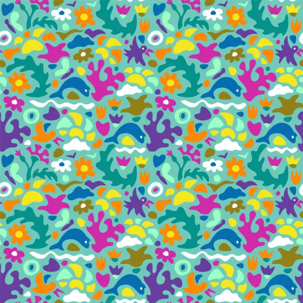 Vector illustration of Summer sea vacation abstract seamless pattern. Water waves + clouds + dolphins + birds + flowers + corals + seaweeds + butterflies + sun. Trendy minimalistic style