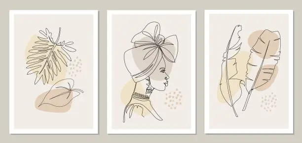 Vector illustration of Set of wall art. African woman and tropical leaves. Girl in head wraps, earrings and neck jewelry. Boho style, pastel colors. Line art, continuous line. Side face of a woman. Template Vector.