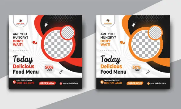 Vector illustration of Fast food restaurant business marketing social media post or web banner template design with abstract background. Fresh pizza, burger and online sale promotion flyer or poster design.