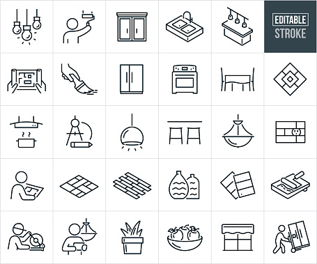 A set of kitchen remodel icons that include editable strokes or outlines using the EPS vector file. The icons include modern hanging kitchen lights, home owner using a dolly to install a new refrigerator, kitchen remodel blue print, kitchen sink, kitchen island with hanging pendant lights, person using a paint roller paint, refrigerator, oven, kitchen appliances, kitchen table, kitchen backsplash tile, oven range hood, drawing compass, barstools at kitchen bar, kitchen chandelier, tile backsplash, person holding blue prints to new kitchen remodel project, tile flooring, wood flooring, kitchen decor, kitchen window and kitchen cabinets to name a few.