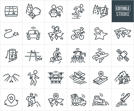 A set of GPS icons that include editable strokes or outlines using the EPS vector file. The icons include a GPS navigational electronic device, GPS watch on wrist with location tracking in the mountains, hiker wearing a GPS watch, runner wearing a GPS enabled watch while running, handheld GPS device used in the outdoors on a mountain trail, map, car using GPS for navigation or tracking purposes, satellite in space, road biker using GPS for tracking distance and speed while cycling, push pin on map marker, hand holding a smartphone with GPS navigation, mountain biker using GPS while mountain biking, tractor in field using GPS capabilities in agriculture, commercial air plane using GPS system, child with GPS tracking watch, small airplane crop duster using GPS to spray agricultural fields, hikers using GPS while hiking, drone using GPS, dump truck using GPS in construction industry, bulldozer using GPS in construction and a GPS guided missile.