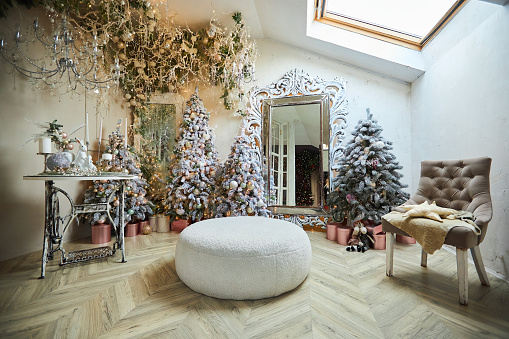 The interior of a room decorated for the New Year or Christmas. Christmas trees and garlands.