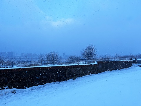 The port of Aberdeen harbour and surrounding areas in the snow.