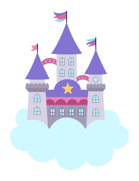 istock Vector unicorn castle on cloud. Fantasy world palace icon with towers, flags, purple roofs. Fairy tale princess house illustration isolated on white background 1935338345