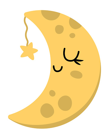 Vector smiling half-moon icon with closed eyes. Fairytale themed sleeping moon with star. Cute magic design element. Space icon