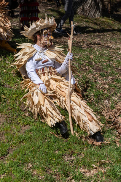 ロビオスの自治体の伝統的なカーニバルのマスク:os follateiros。ガリシア州オウレンセ。サイン - carnival costume mask masquerade mask ストックフォトと画像