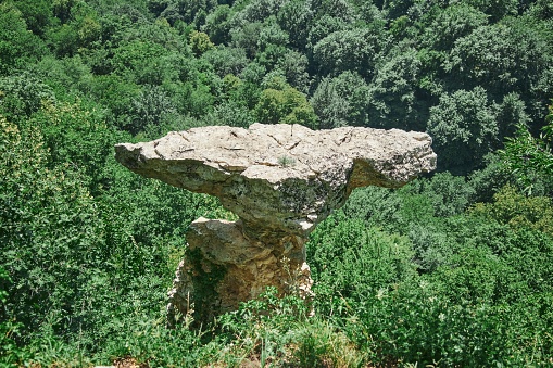 Mountainous terrain. Summer time of the year. Rock formation in the form of a hammer with vegetation and moss