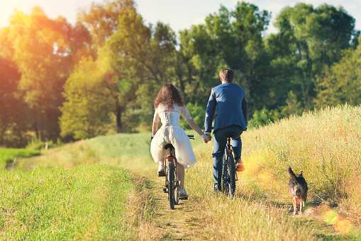 Young happy bride and groom riding bicycles in the meadow holding hands with their backs to the camera