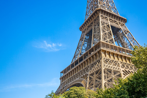 First and second level of the Eiffel Tower on a sunny summer day with blue sky in Paris, France