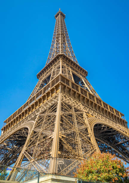 eiffel tower on a summer day with a clear blue sky - clear sky low angle view eiffel tower paris france photos et images de collection