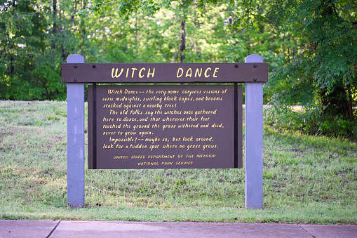 Close up of witch dance sign with story on Natchez Trace Parkway