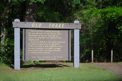 Close up of Old Trace sign with history