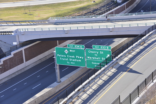 New York, NY, USA - April 8, 2020: Unusually light traffic on typically busy BQE at Kosciusko Bridge, Brooklyn, caused by the COVID-19 outbreak.