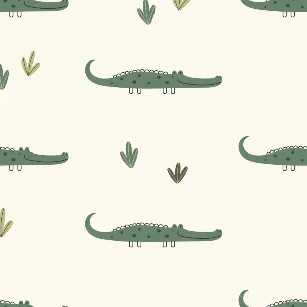 Vector illustration of Children s vector seamless pattern with cute hand-drawn crocodiles in a simple cartoon doodle style.