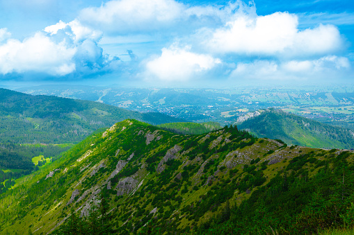 Mountain panorama of the Tatra Mountains from Kasprowy Wierch (Kasper Peak) on a summer day in Poland. Aerial view