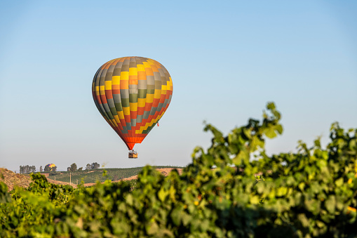 Hot air ballooning over the vineyards in wine country. California