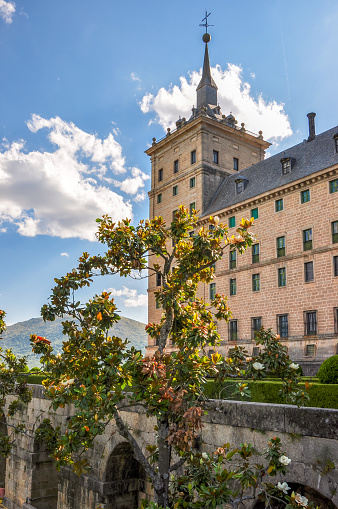 Madrid, Spain - June 2018: El Escorial palace and gardens outside Madrid