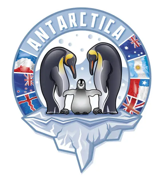 Vector illustration of Couple of Antarctica King penguin with chick or fledgling standing on Iceberg illustration