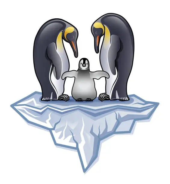 Vector illustration of Couple of Antarctica King penguin with chick or fledgling standing on Iceberg illustration