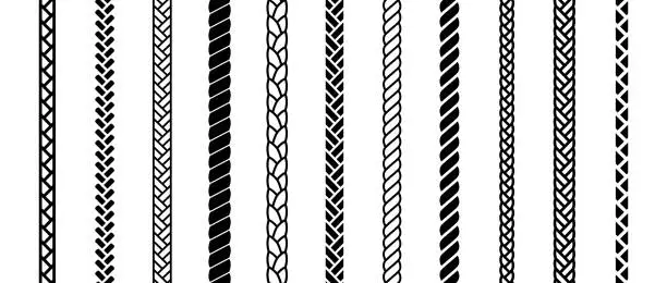 Vector illustration of Repeating rope set. Seamless hemp cord line collection. Black chain, braid, plait stripe bundle. Vertical decorative plait pattern pack. Vector marine twine frame design elements for banner, poster