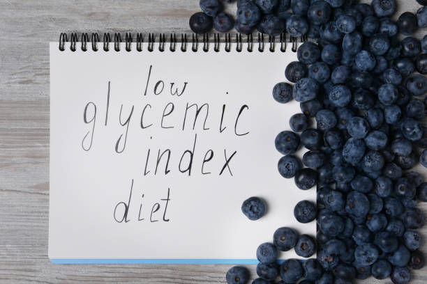 istock Notebook with words Low Glycemic Index Diet and blueberries on light wooden table, top view 1935500163