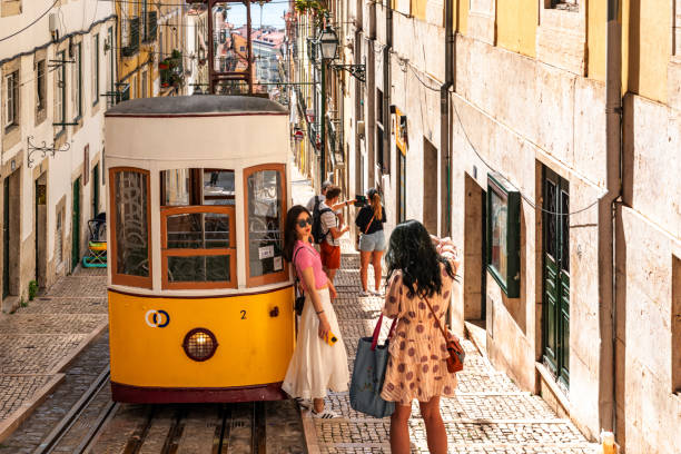 Lisbon, Portugal - Oct. 1,2023: Tourists are waiting to ride the Ascensor Da Bica, Lisbon, Portugal.