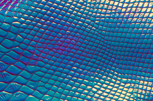 Leather Green Crocodile Alligator Artificial Skin Texture Pattern Shiny Leatherette Alligator Dragon Dinosaur Reptile Background Teal Foil Bumpy Rough Paper Copy Space Close-Up Macro Photography Full Frame
