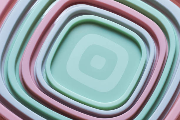 concentric composition of square plastic food container caps. pastel colors background - concentric nested box multi colored imagens e fotografias de stock