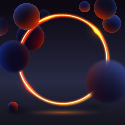 Golden neon frame, circle with realistic dark balls, blured and luminous, luminescent orange balls in blue dark abstract background for advertising. Vector illustration.