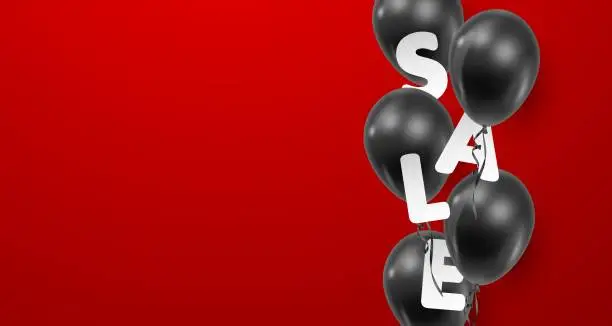 Vector illustration of Poster for Sale with black balloons and text, letters on red background. Vector Holiday illustration for web, design, arts, advertising