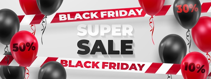 Super Sale banner, Black Friday with black and red balloons with percent, barricade tape and text, letters on white background. Vector Holiday illustration for web, design, arts, advertising.