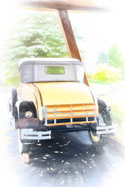 Classic car outside a Lake Placid motel, New York State. Painterly effect image.