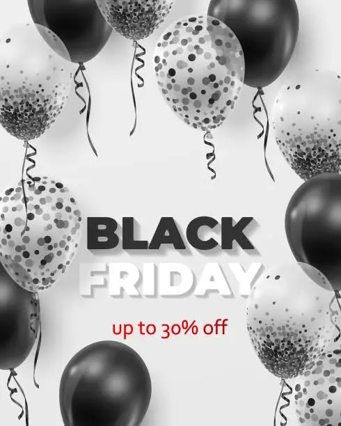 Vector illustration of Poster for Sale, Black Friday with black and transparent balloons with confetti and text, letters on white background. Vector Holiday illustration for web, design, arts, advertising