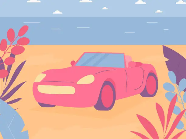 Vector illustration of Pink convertible on the ocean, with a palm tree. The concept of rest, vacation, car travel, relaxation . Vector illustration.