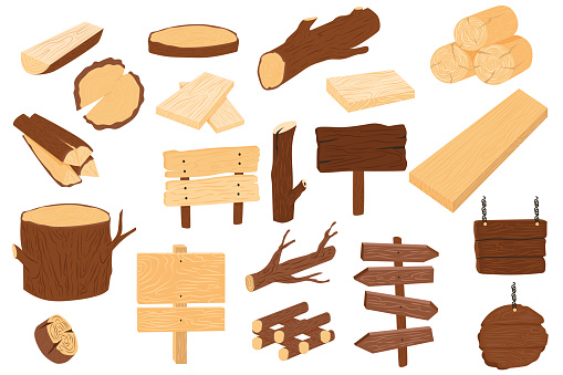 Wood tree logs mega set in flat design. Bundle elements of wooden material, planks, tree trunks and stumps, branches, timbers, woodpile, direction boards. Vector illustration isolated graphic objects
