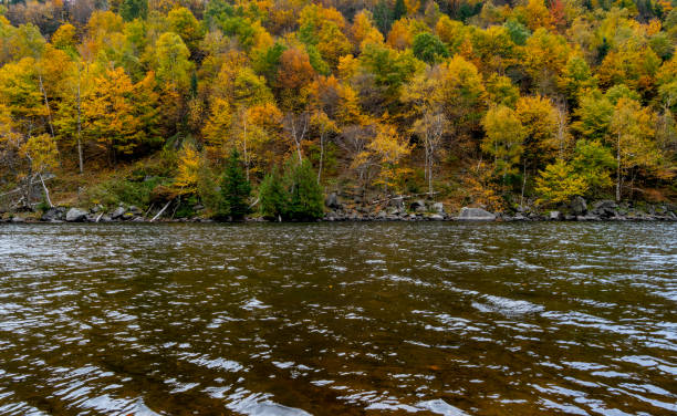 Hull region along Ottawa river in autumn season with multi colored forest, bridge and buildings.