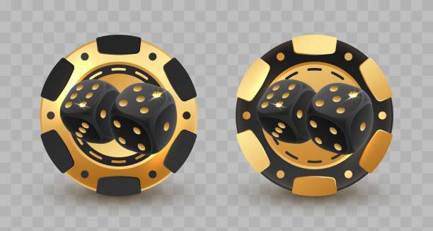 istock Set of gold poker chips, token with two black dices on transparent background. Vector illustration for card, casino club, game design, flyer, poster, banner, web, advertising 1935550804