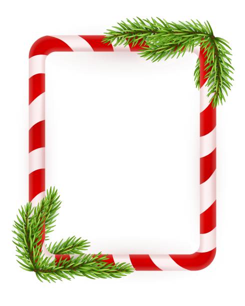 istock Blank Christmas border, candy cane frame with branch of christmas tree, fir. Isolated on white background. Holiday design, decor. Vector illustration 1935550862