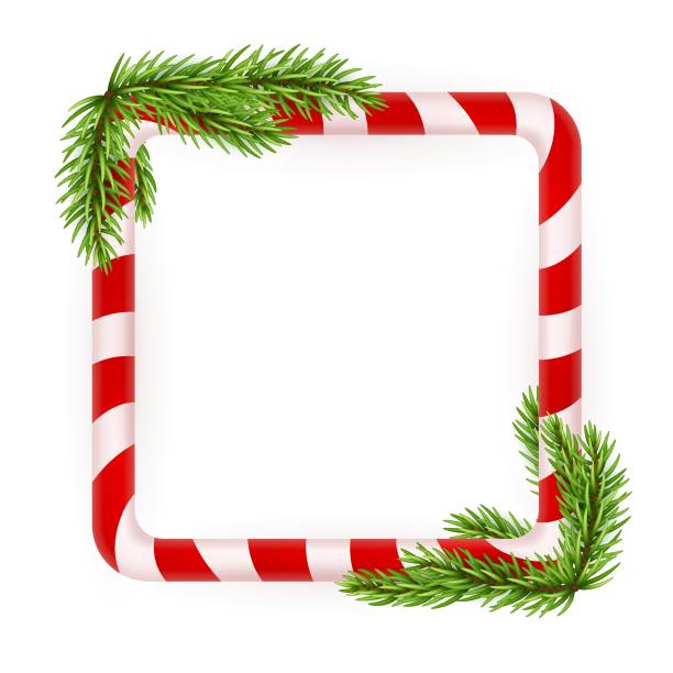 istock Blank Christmas border, candy cane frame with branch of christmas tree, fir. Isolated on white background. Holiday design, decor. Vector illustration 1935550863