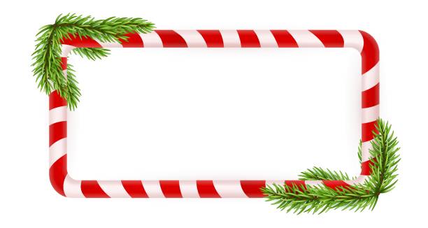 istock Blank Christmas border, candy cane frame with branch of christmas tree, fir. Isolated on white background. Holiday design, decor. Vector illustration 1935550868