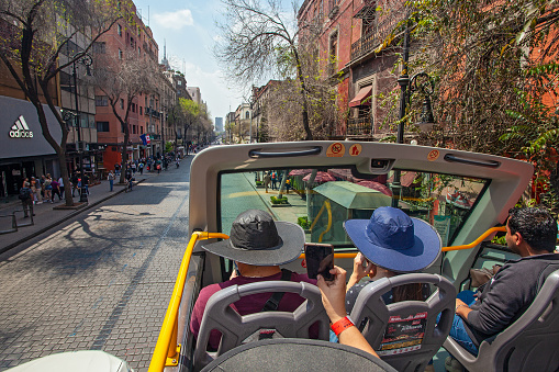 Mexico City, Mexico - March 15,2022: Touristic hop on-hop off bus in Mexico City