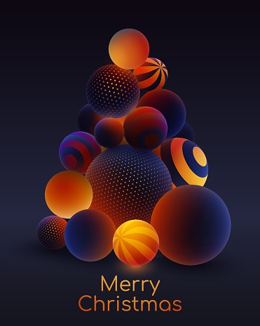 Poster for Merry Christmas, Christmas tree, fir with dark blue balls, and luminous, luminescent orange balls with dots, stripes and magic lights on dark background. Vector illustration.