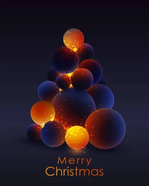 Vector illustration of Poster for Merry Christmas, Christmas tree, fir with realistic dark balls, blured and luminous, luminescent orange balls and magic lights on dark background. Vector illustration