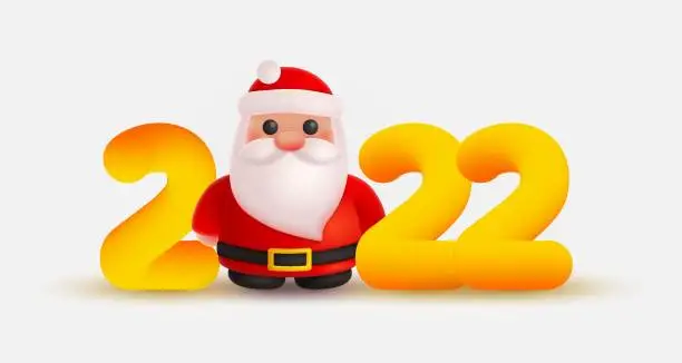 Vector illustration of Christmas Santa Claus and gold, yellow numbers 2022 look like 3d rendering. Happy New Year illustration for postcard, banner, decor, design, arts on white background