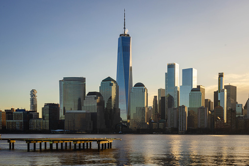 Tribute in Light. The two vertical columns of light rising between the skyscrapers in Lower Manhattan. New York City