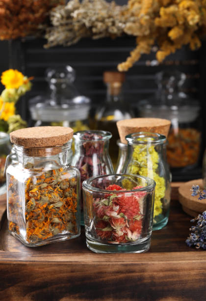 istock Different dry herbs and flowers on wooden table 1935574464