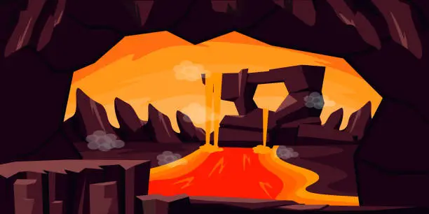 Vector illustration of Vector illustration of a beautiful cave with molten lava. Cartoon scene with a bright fantastic landscape of a mountain cave, orange sky, molten volcanic lava, steam pools, rocks, cliffs.
