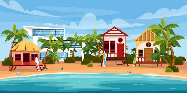 Vector illustration of Vector illustration of a beautiful summer vacation landscape. Cartoon tropical landscape with bungalow, modern villa, palm trees, surfboards, stones, sea. Vacation homes on an island near the ocean.