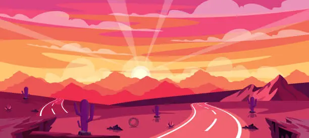 Vector illustration of Vector illustration of a beautiful sunset landscape. Cartoon scene with bright desert landscape with sunset with rays, red-yellow sky, mountains, cliffs and asphalt roads, cacti, desert bush, stones.