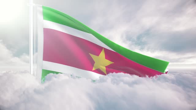 Suriname giant flag rises above the clouds in slow motion, The concept of liberty, patriotism, independence day, celebration, patriotic, power. National flag waving proudly above the clouds and symbolizing freedom,